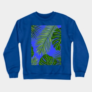 Monstera and Palm Leaves on Bright Blue Crewneck Sweatshirt